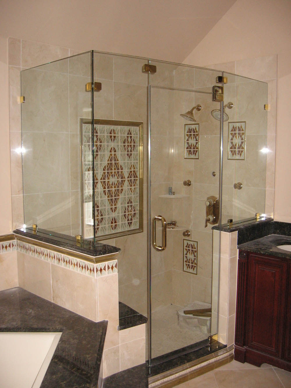 Soft Brown Focused Calming Soft Brown Loft Bathroom Focused On Corner Glass Shower Room With Frameless Shower Door Design Bathroom Frameless Shower Doors Perform Gorgeous Design