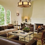 Hanging Light Coffee Cool Hanging Light Also Square Coffee Table And Brown Leather Sofa In Rustic Living Room Plus Arched Windows Idea Living Room Rustic Living Room Appears Fantastic Performance