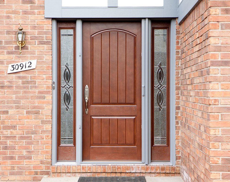 House Number Red Cute House Number Mounted On Red Brick Wall Idea Feat Captivating Wood Front Entryway With Double Frosted Sidelights Exterior  Astonishing Front Entry Door For Your Façade 