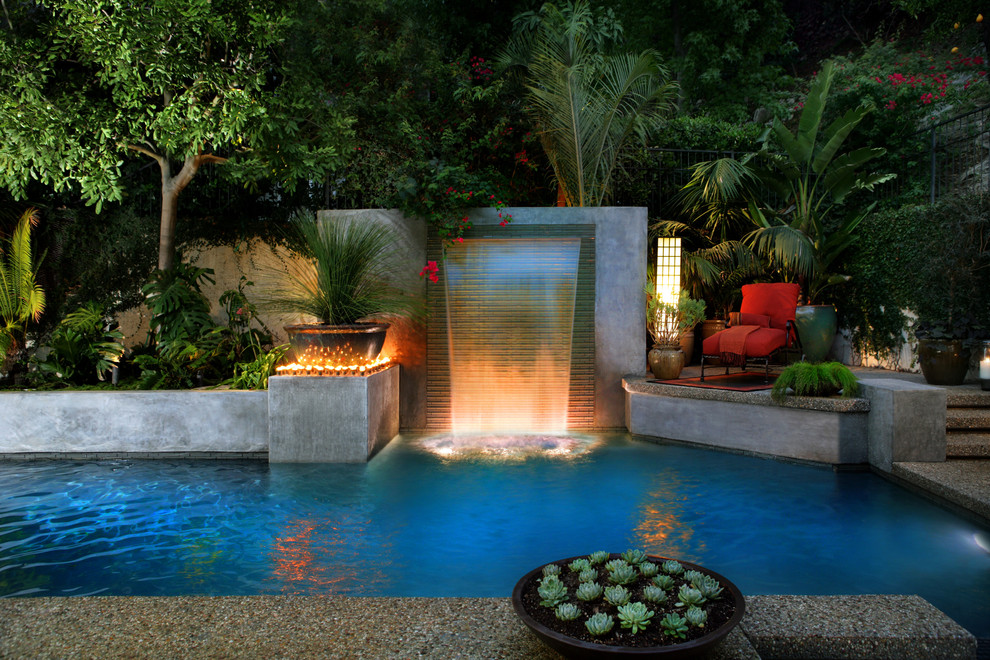 Waterfall And Feat Fantastic Waterfall And Pool Idea Feat Red Outdoor Chair Furniture Plus Stunning Landscape Lighting  Exterior  Landscape Lighting Ideas For Beautiful Exterior Design 