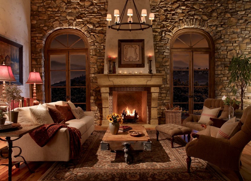 Coffee Table Living Funky Coffee Table Also Round Living Room Chandelier Feat Fabulous Stone Fireplace Surround And Tall Arched Windows Decoration  Bring Warm Rustic Atmosphere Into Your Home With Stone Fireplace Surround 