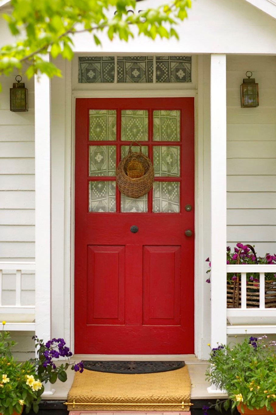 Front Entry Red Gorgeous Front Entry Door With Red Painted And Mounted Rattan Basket Display Feat Unique Wall Lamp For Outside Exterior  Astonishing Front Entry Door For Your Façade 