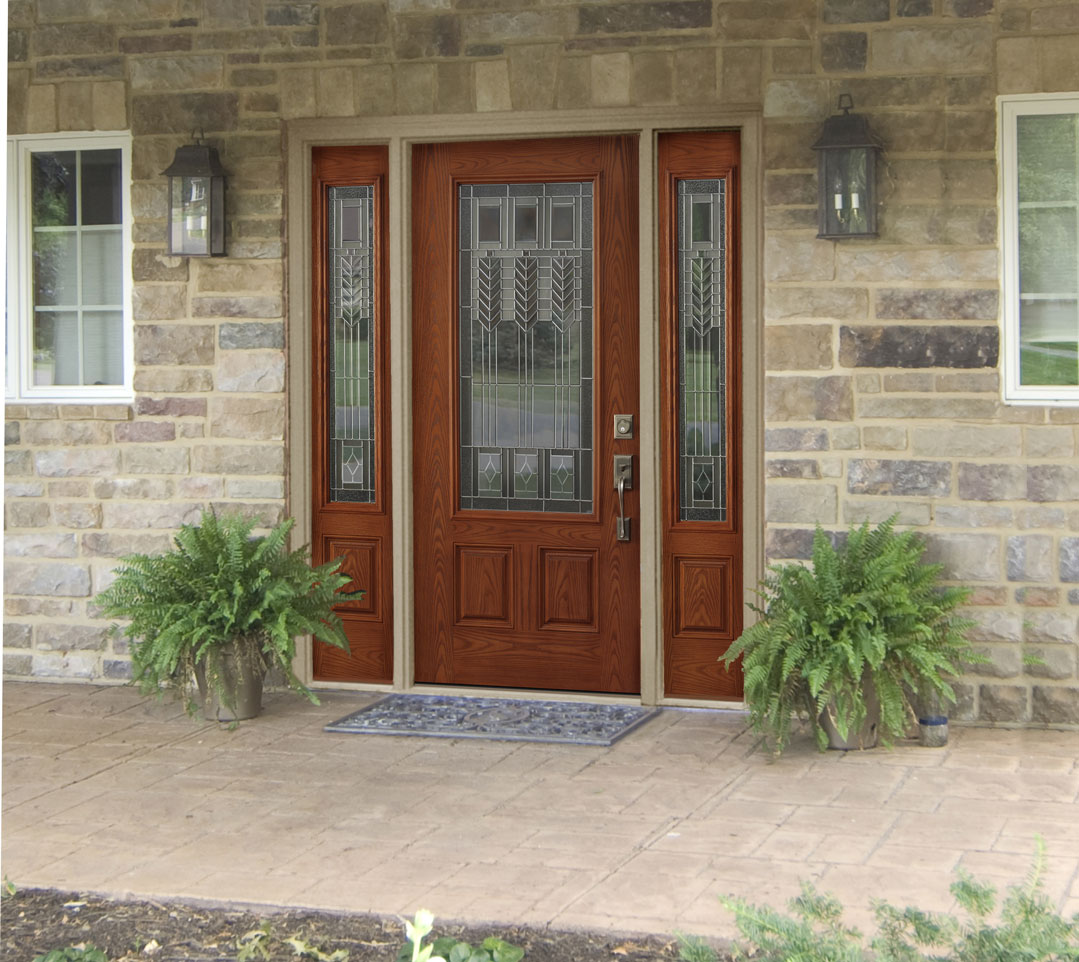 Exterior Focus Wooden Home Exterior Focus On Beautiful Wooden Combined With Glass Front Entry Door Feat Rustic Wall Lamps And Potted Fern Plants Exterior  Astonishing Front Entry Door For Your Façade 