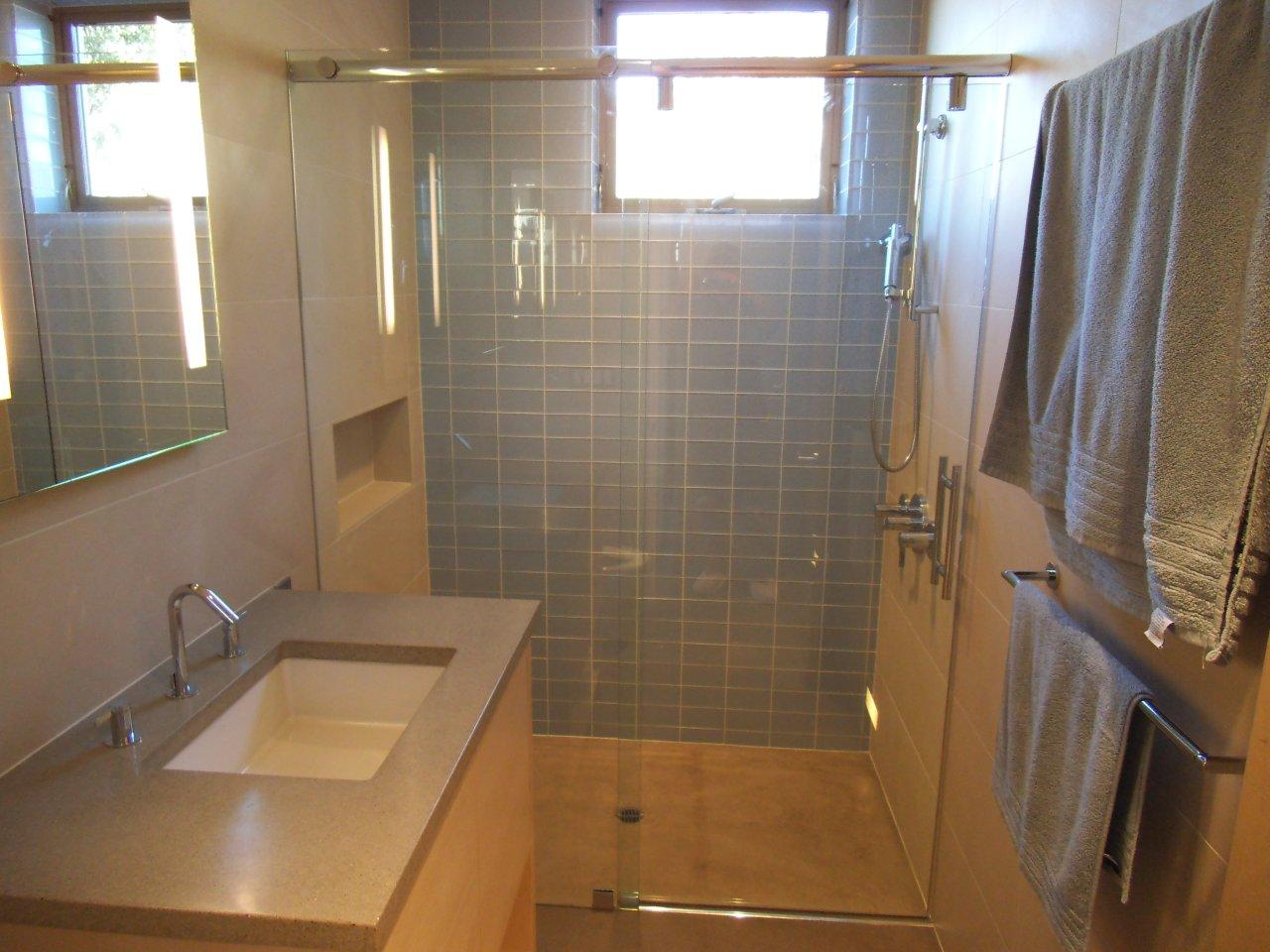Bathroom Space Theme Narrow Bathroom Space With Brown Theme Color Idea Plus Glass Frameless Shower Doors Set Beside Vanity Bathroom Frameless Shower Doors Perform Gorgeous Design