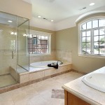 Soft Brown Color Neutral Soft Brown Bathroom Theme Color Paired With Small Oval Tub Set Beside French Windows Also Frameless Shower Door For Large Space Idea Bathroom Frameless Shower Doors Perform Gorgeous Design