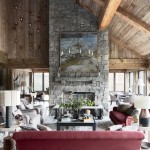 Red Sofa Fireplace Pretty Red Sofa Also Stone Fireplace And Exposed Wood Beam Feat Round Chandelier In Rustic Living Room  Living Room Rustic Living Room Appears Fantastic Performance