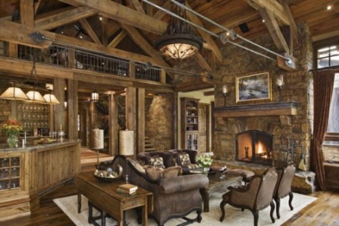 Living Room Couch Rustic Living Room With Leather Couch And Exposed Wooden Beam Idea Feat Amazing Stone Fireplace Mantel Panel Design Living Room Rustic Living Room Appears Fantastic Performance