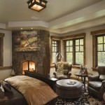 Living Room Leather Rustic Living Room With Round Leather Ottoman Coffee Table Also Stone Corner Fireplace Idea Feat Comfy Wingback Chairs Living Room Rustic Living Room Appears Fantastic Performance
