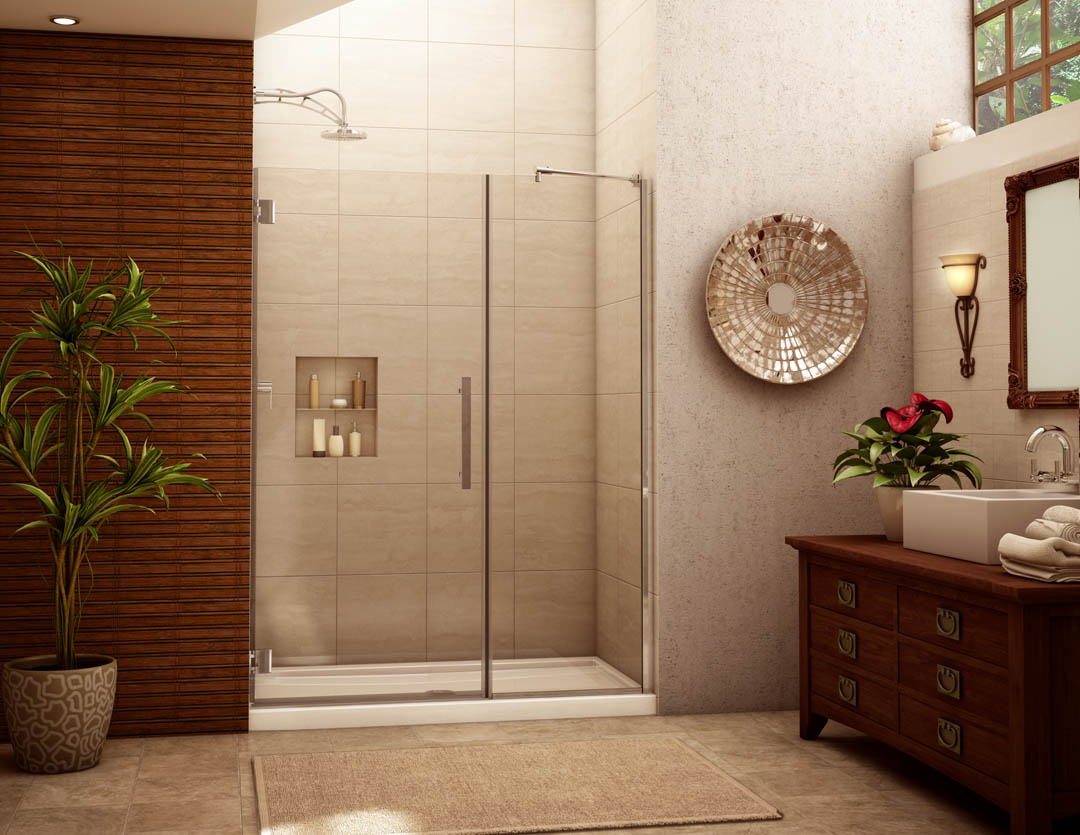 Brown Bathroom In Simple Brown Bathroom Rug Put In Front Of Glass Frameless Shower Room And Decorative Wooden Lacquered Vanity Set Bathroom Frameless Shower Doors Perform Gorgeous Design