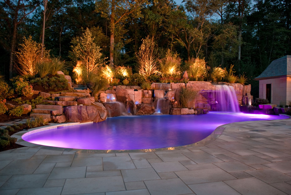 Curved Shape Modern Snazzy Curved Shape Pool And Modern Landscape Lighting Idea Feat Rock Garden Design Exterior  Landscape Lighting Ideas For Beautiful Exterior Design 