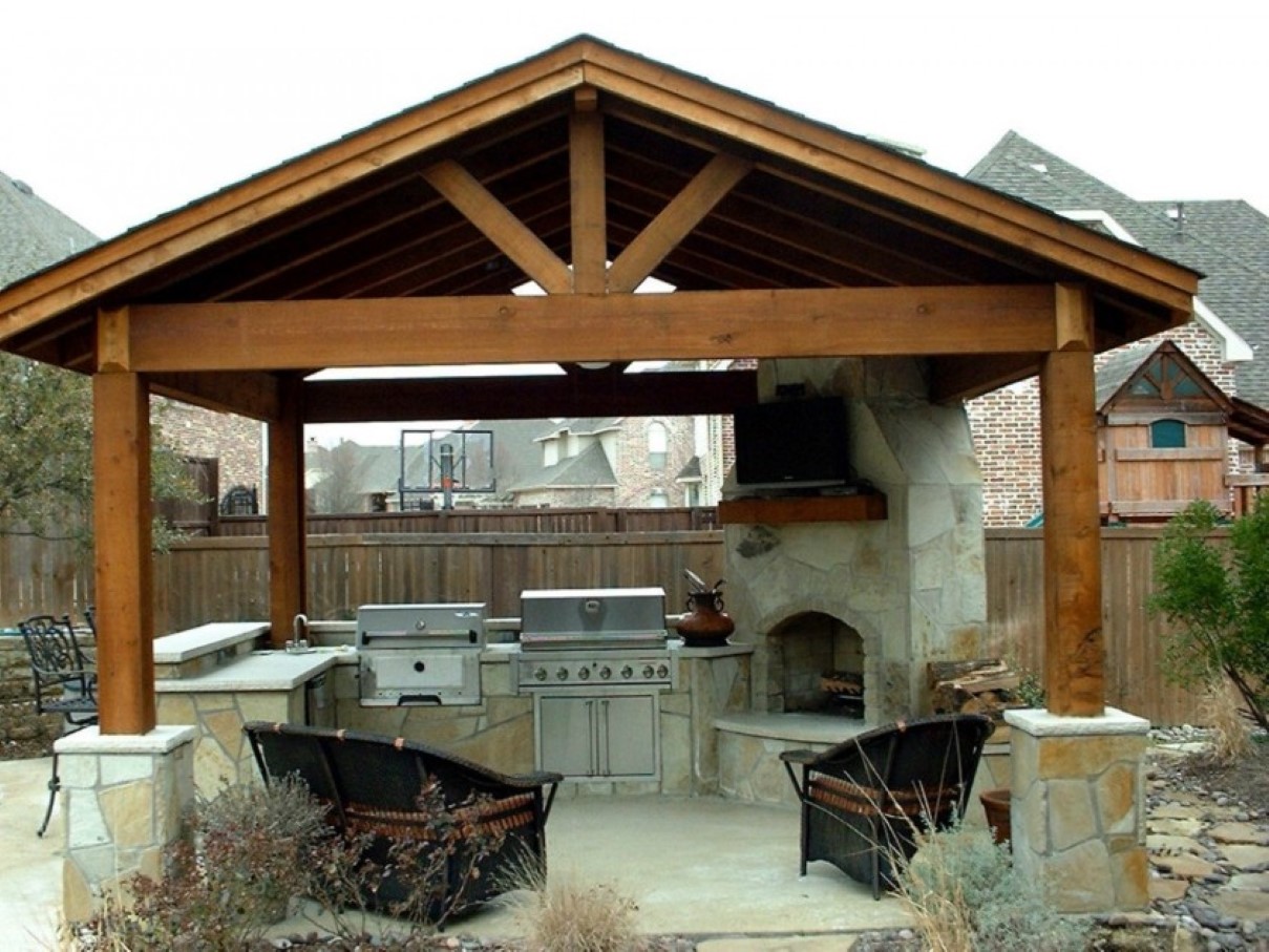 Pergola Also Fireplace Traditional Pergola Also Corner Stone Fireplace Design Feat Black Wicker Chairs And Simple Outdoor Kitchen Plan Kitchen  Awesome Plans To Design Outdoor Kitchen 